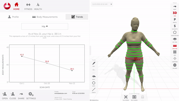 Styku 3D Body Scanner Dashboard Interface showing body measurements and progress tracking